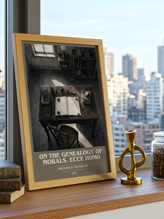 On the genealogy of morals.  Ecce Homo book cover print framed by window – literary home decor