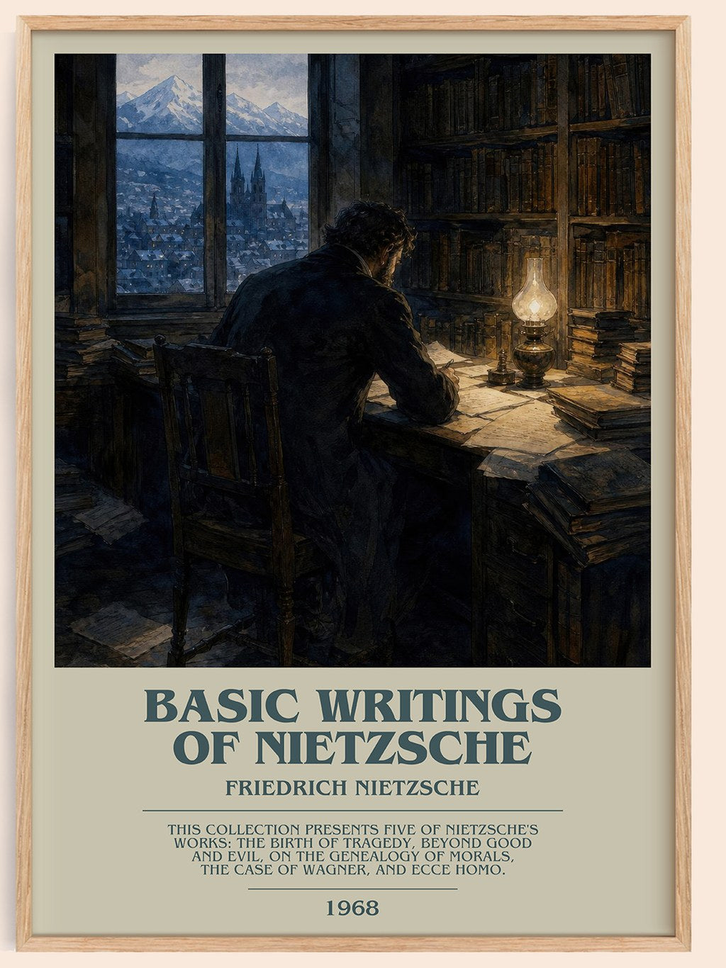 Basic writings of Nietzsche bookish book poster by Friedrich Nietzsche – framed literary art print