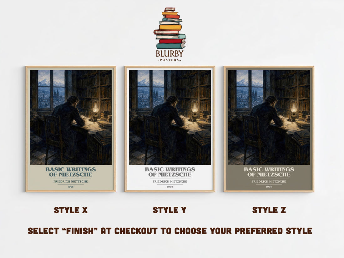 Basic writings of Nietzsche book cover print in frame leaning in hallway – philosophy wall art (mockup)
