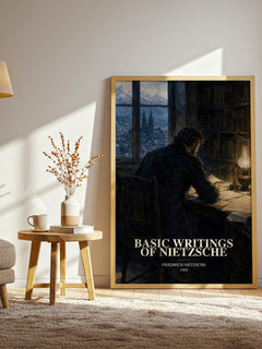 Basic writings of Nietzsche watercolour print in frame leaning in hallway – philosophy wall art