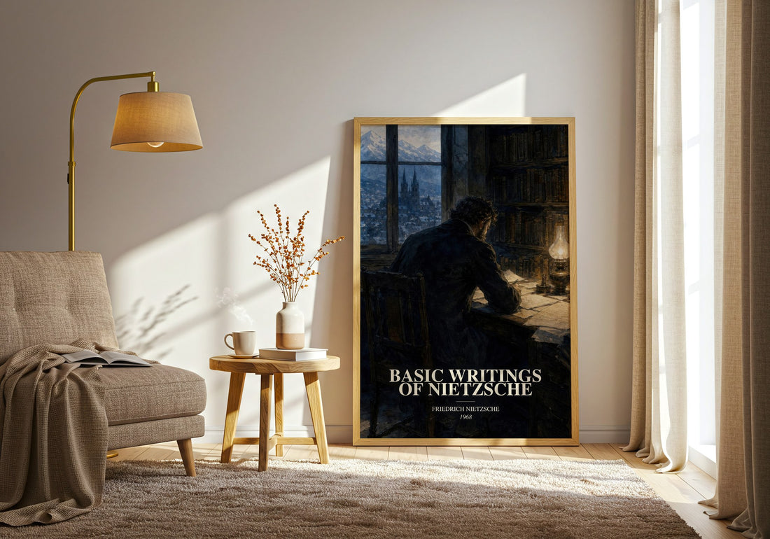 Basic writings of Nietzsche watercolour print in frame leaning in hallway – philosophy wall art