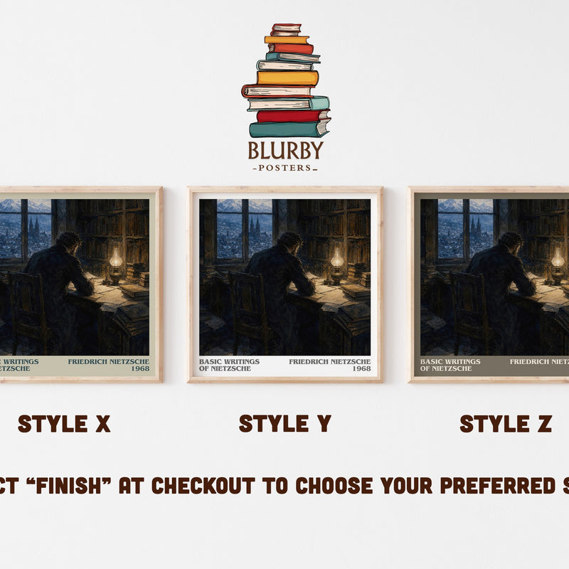 Basic writings of Nietzsche literary print in frame leaning in hallway – philosophy wall art