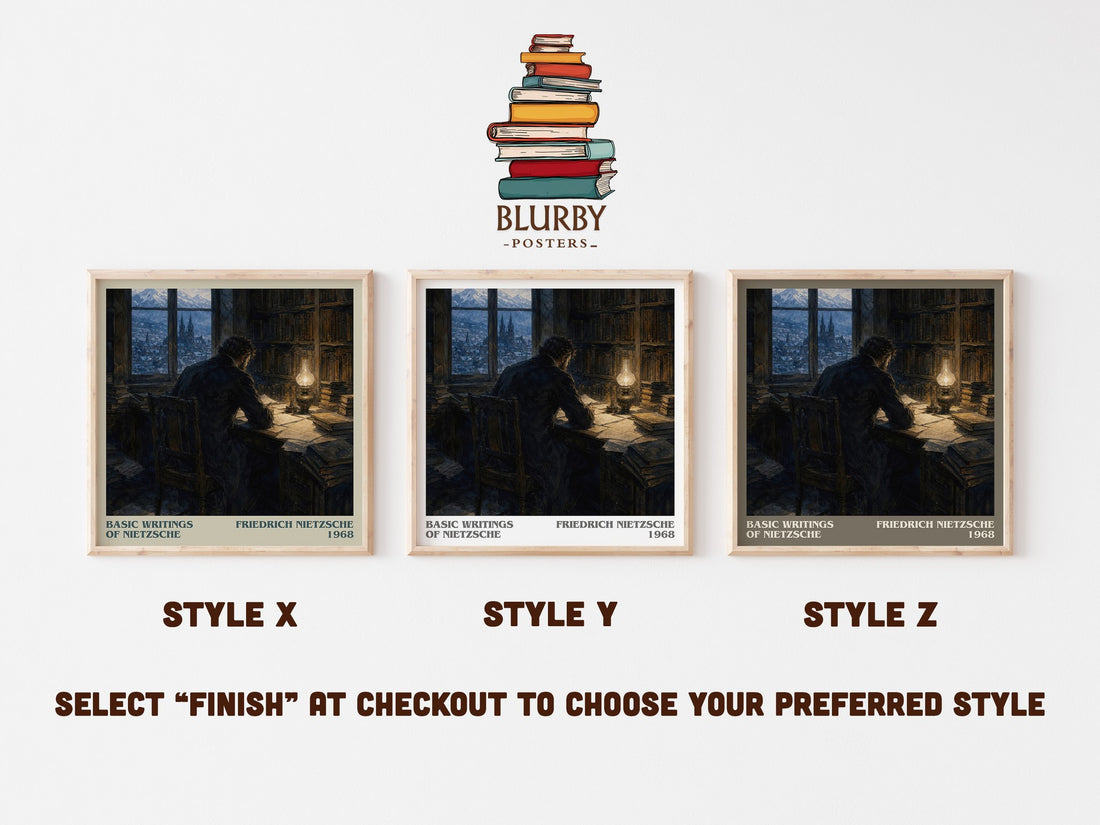 Basic writings of Nietzsche literary print in frame leaning in hallway – philosophy wall art (mockup)