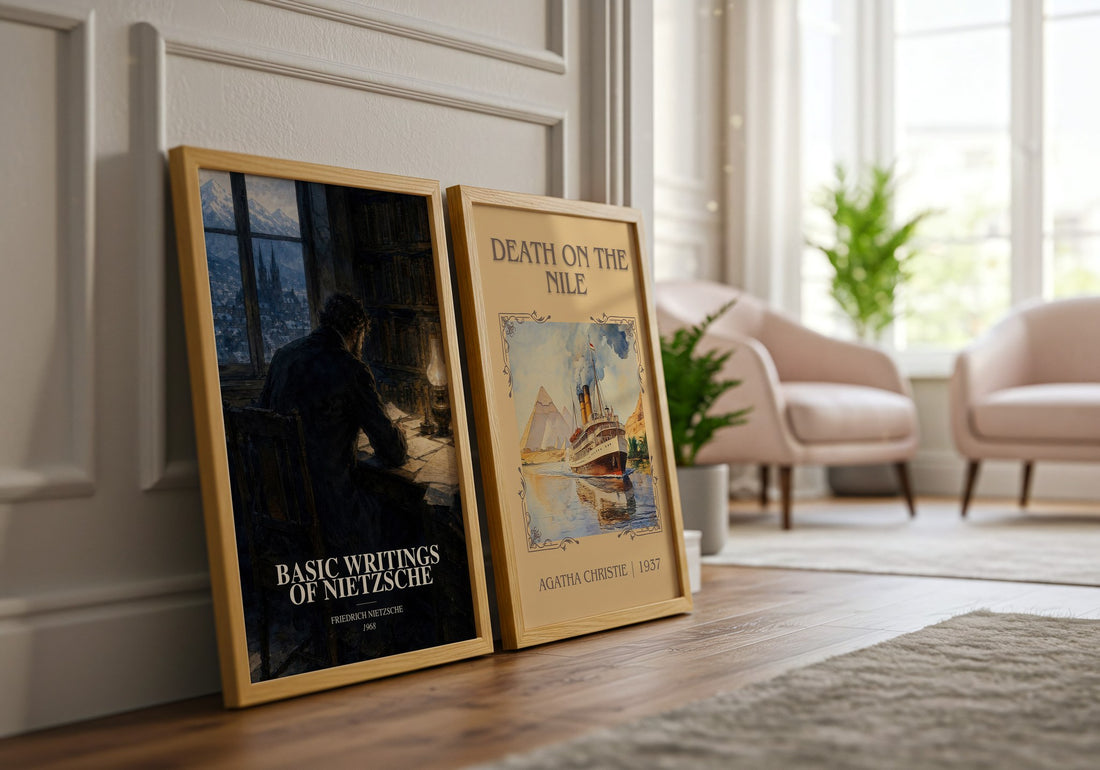 Basic writings of Nietzsche watercolour print framed by window – literary home decor