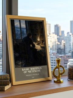 Basic writings of Nietzsche book cover print framed by window – literary home decor