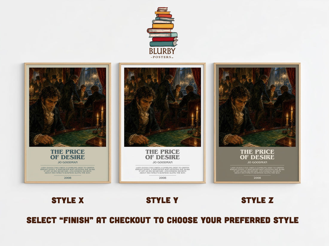 The Price of Desire bookish print in frame leaning in hallway – romance wall art (mockup)