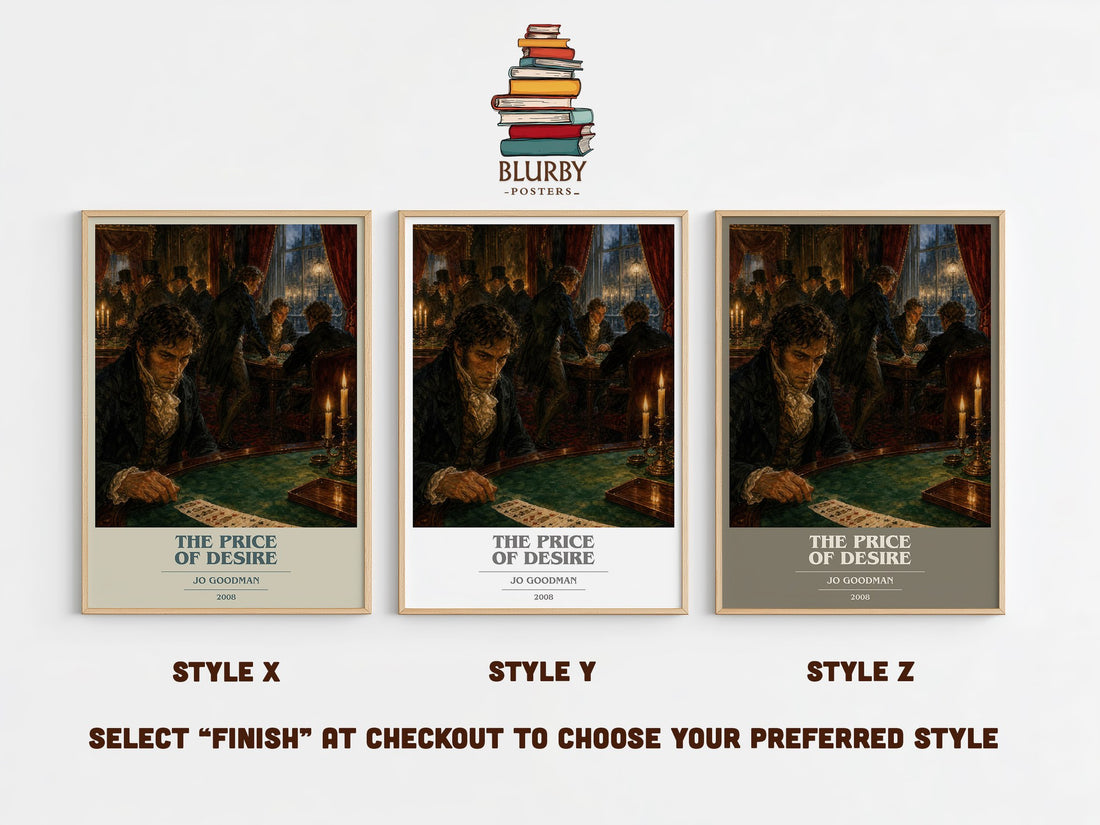 The Price of Desire book cover print in frame leaning in hallway – romance wall art (mockup)