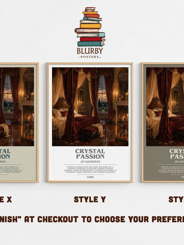 Crystal Passion bookish print in frame leaning in hallway – romance wall art