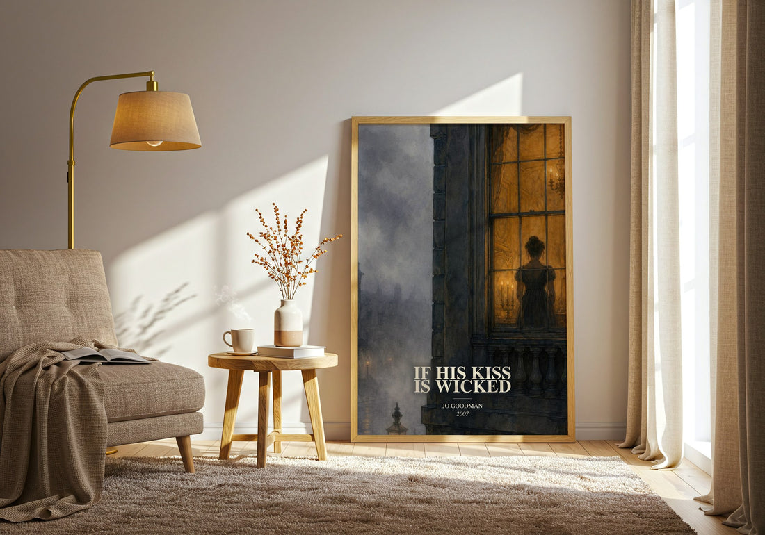 If his kiss is wicked watercolour print in frame leaning in hallway – romance wall art