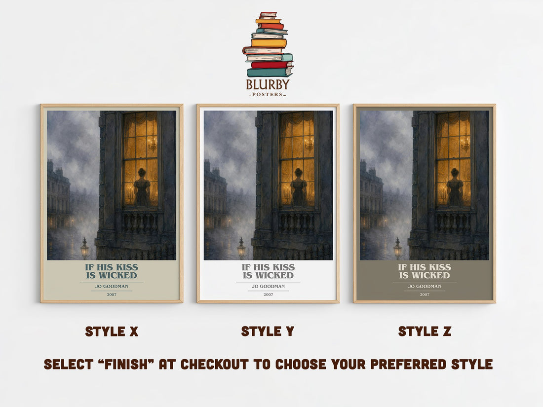 If his kiss is wicked book cover print in frame leaning in hallway – romance wall art (mockup)