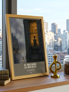 If his kiss is wicked book cover print framed by window – literary home decor