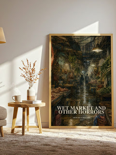 Wet Market and Other Horrors watercolour print in frame leaning in hallway – horror wall art