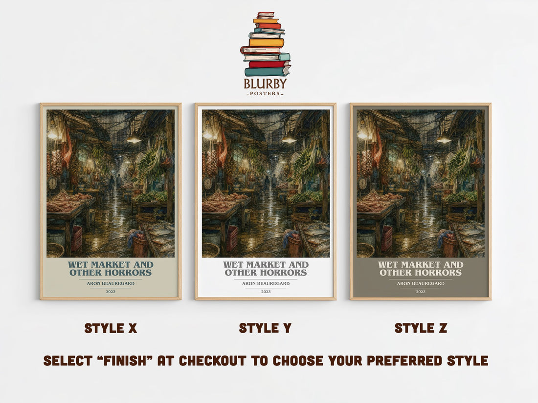 Wet Market and Other Horrors book cover print in frame leaning in hallway – horror wall art (mockup)