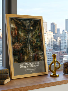 Wet Market and Other Horrors book cover print framed by window – literary home decor