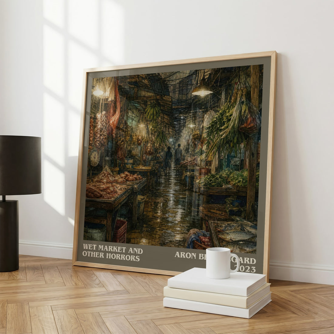 Wet Market and Other Horrors Literary Art Print by Aron Beauregard – large square framed print leaning against a wall