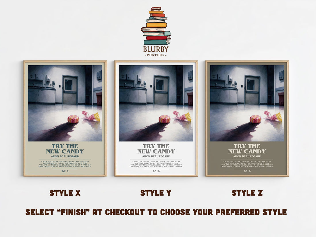 Try the New Candy bookish print in frame leaning in hallway – horror wall art (mockup)