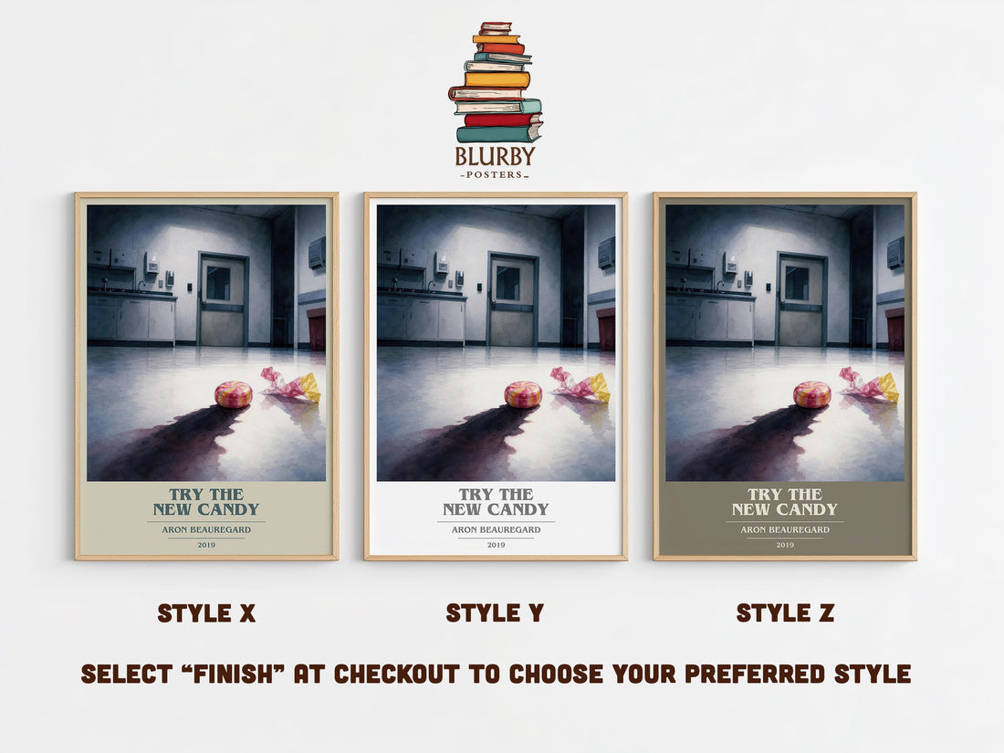 Try the New Candy book cover print in frame leaning in hallway – horror wall art (mockup)