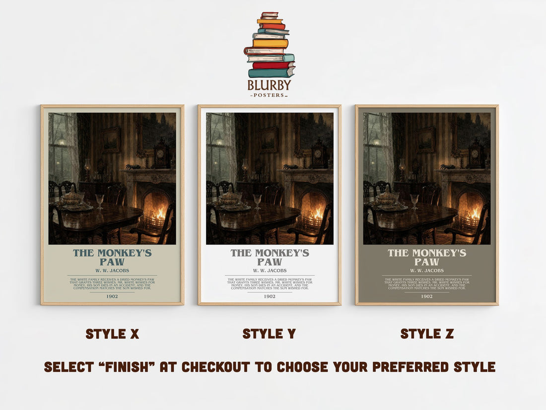 The monkey's paw bookish print in frame leaning in hallway – horror wall art (mockup)