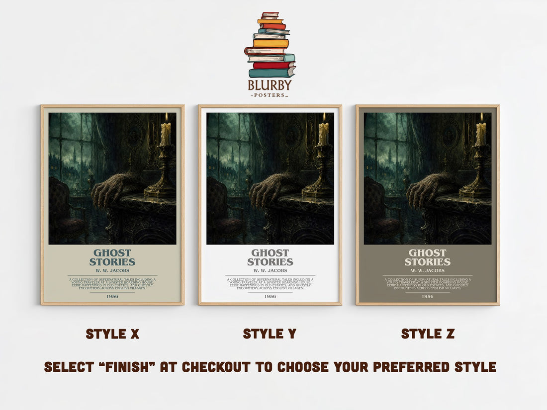Ghost Stories bookish print in frame leaning in hallway – horror wall art (mockup)