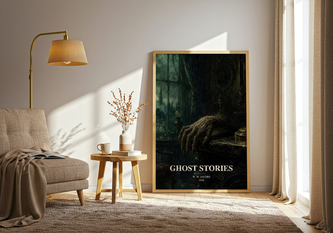 Ghost Stories watercolour print in frame leaning in hallway – horror wall art