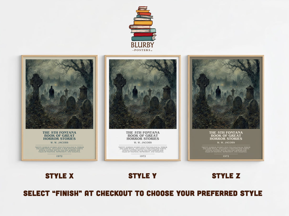 The 5th Fontana Book of Great Horror Stories bookish print in frame leaning in hallway – horror wall art (mockup)