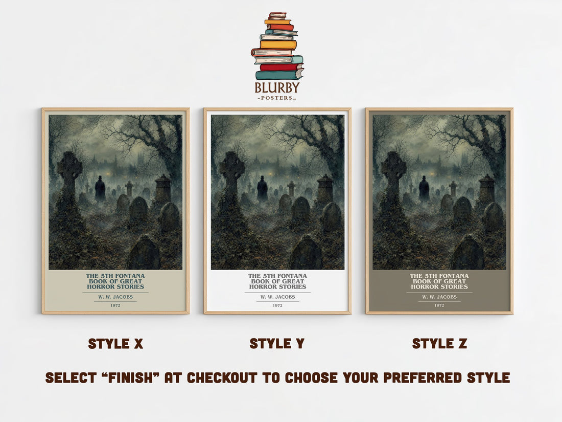 The 5th Fontana Book of Great Horror Stories book cover print in frame leaning in hallway – horror wall art (mockup)
