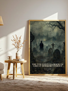 The 5th Fontana Book of Great Horror Stories watercolour print in frame leaning in hallway – horror wall art