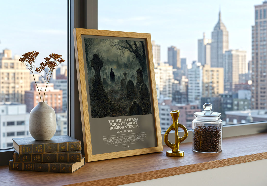 The 5th Fontana Book of Great Horror Stories bookish print framed by window – literary home decor