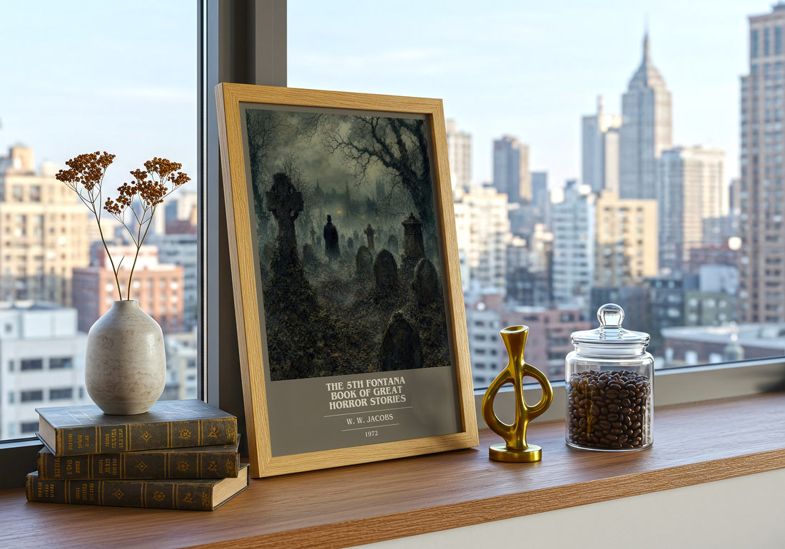 The 5th Fontana Book of Great Horror Stories book cover print framed by window – literary home decor