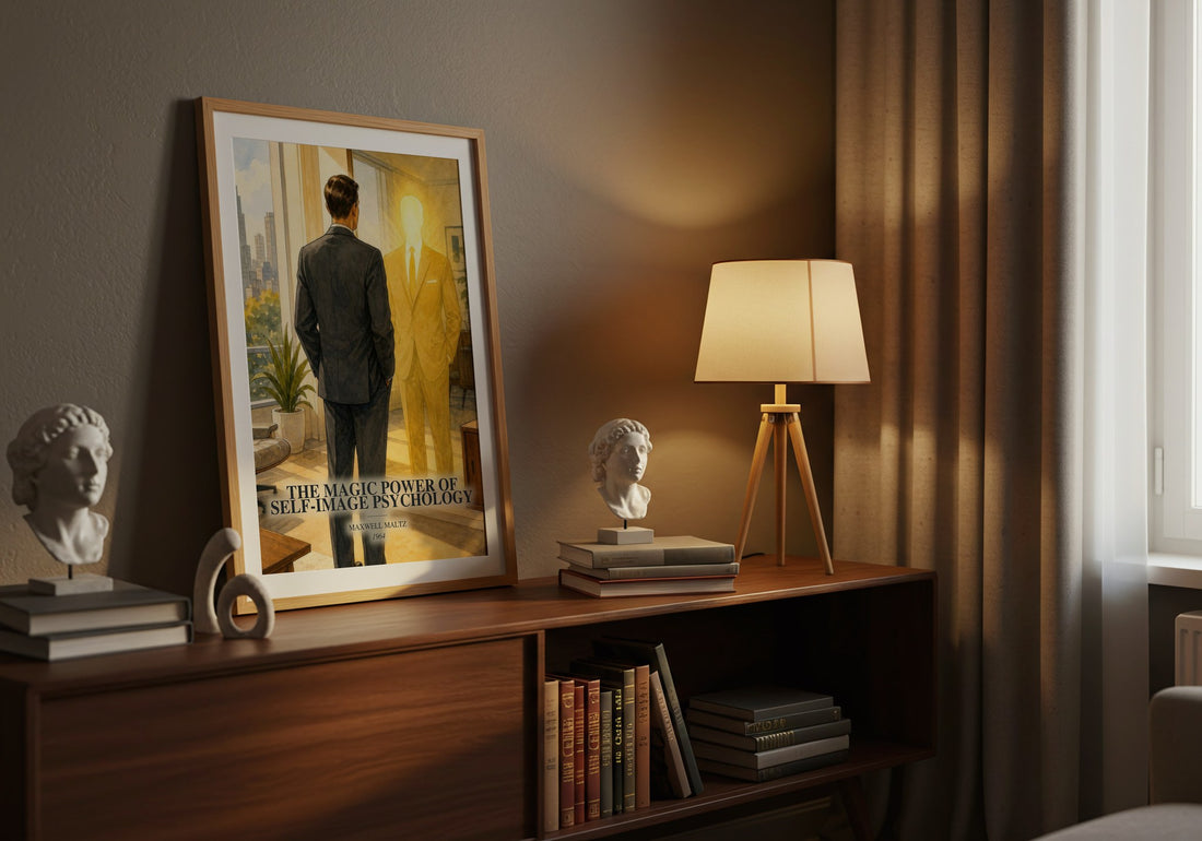 The Magic Power of Self-Image Psychology watercolour print on bookshelf – Maxwell Maltz fan gift