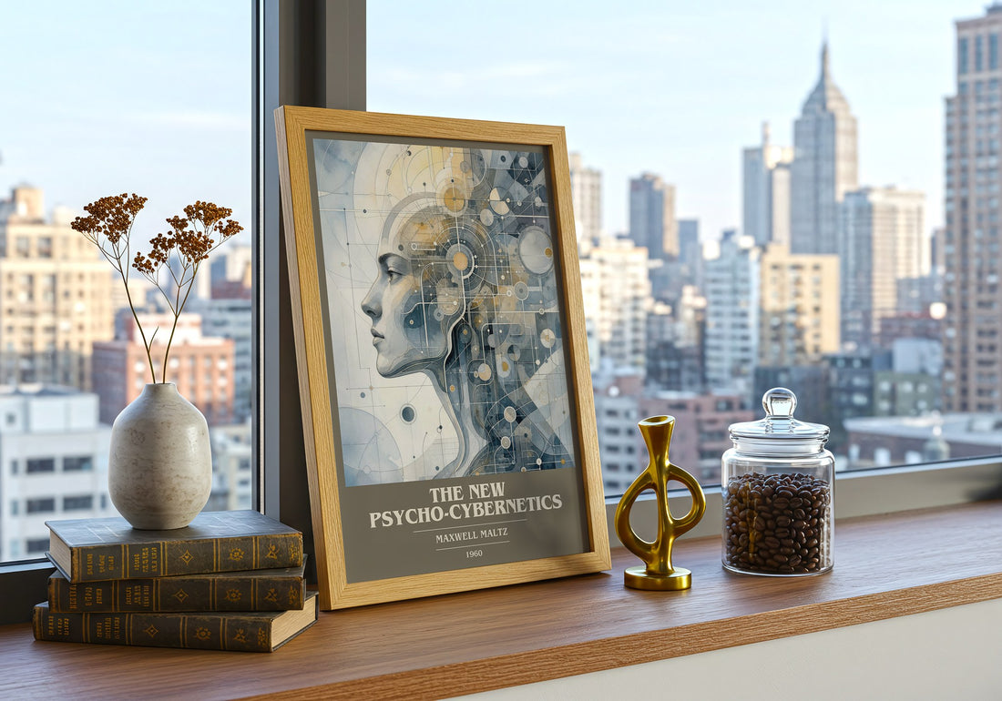The New Psycho-Cybernetics book cover print framed by window – literary home decor