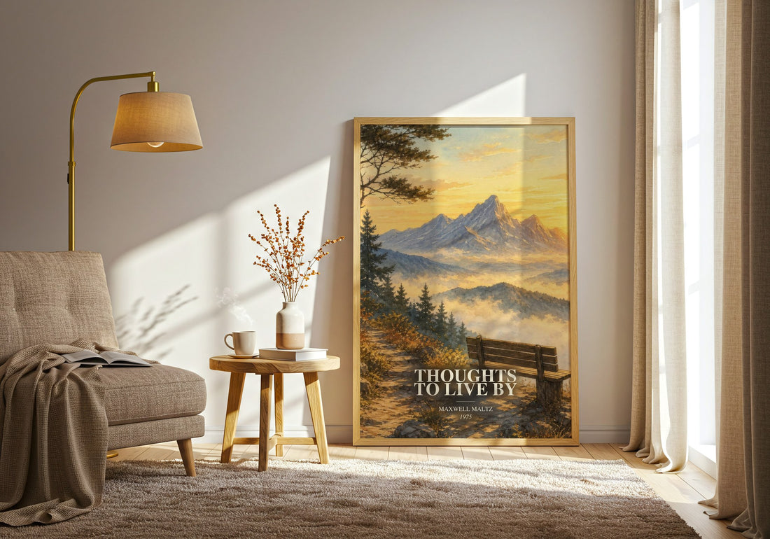 Thoughts to live by watercolour print in frame leaning in hallway – non fiction wall art