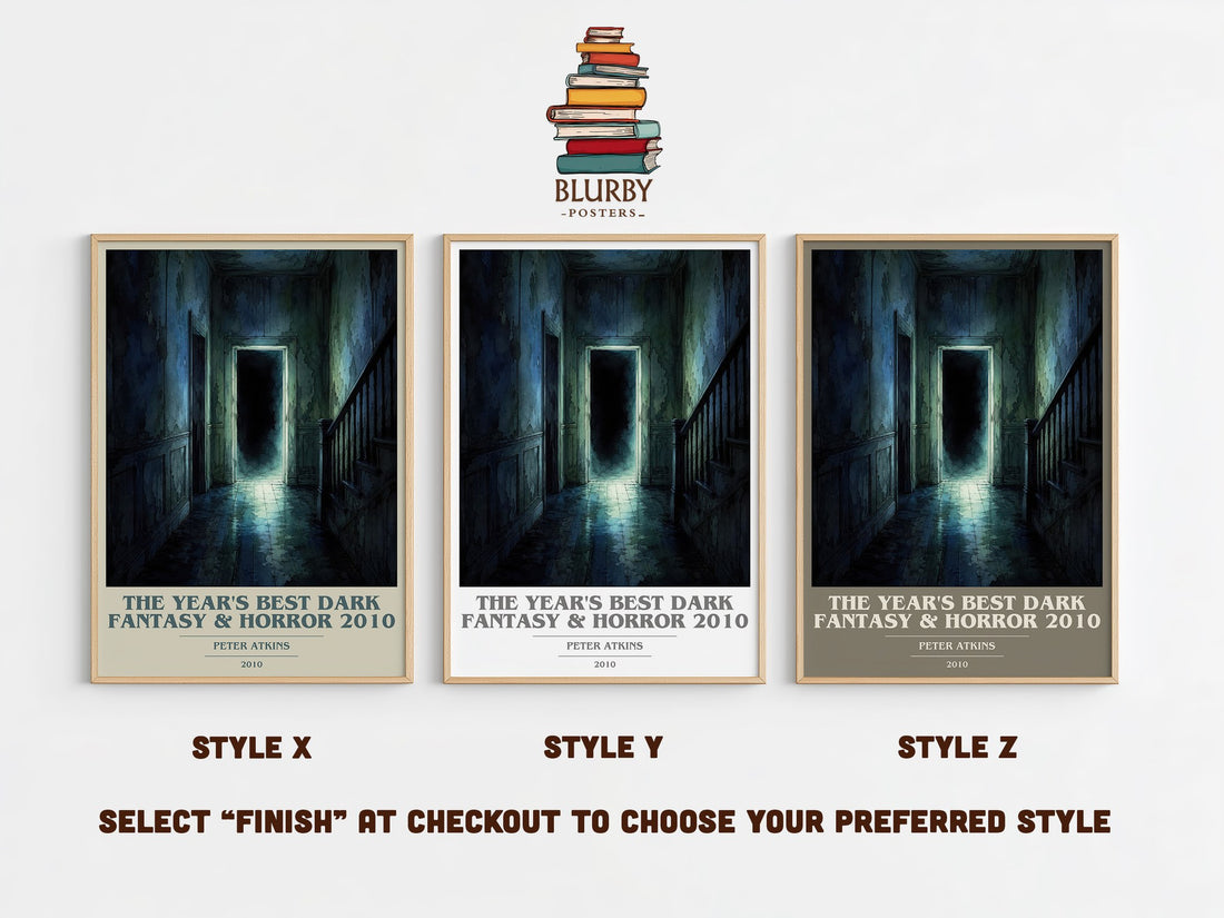 The Year's Best Dark Fantasy & Horror 2010 book cover print in frame leaning in hallway – horror wall art (mockup)