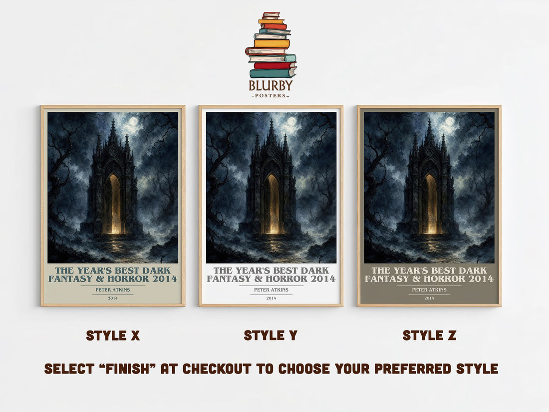 The Year's Best Dark Fantasy & Horror 2014 book cover print in frame leaning in hallway – horror wall art (mockup)