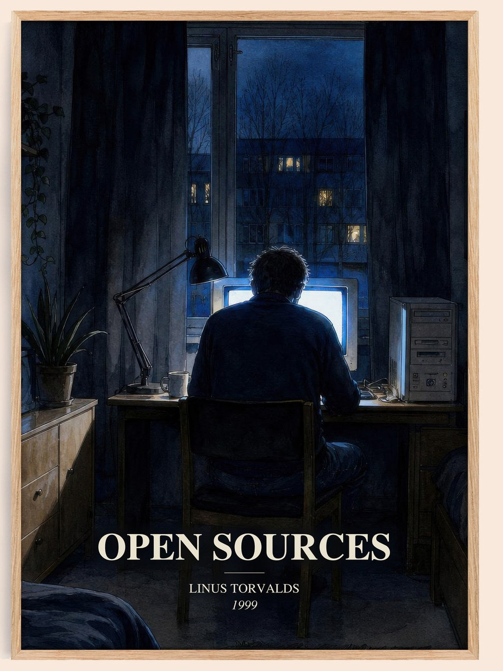 Open sources watercolour book poster by Linus Torvalds – framed literary art print