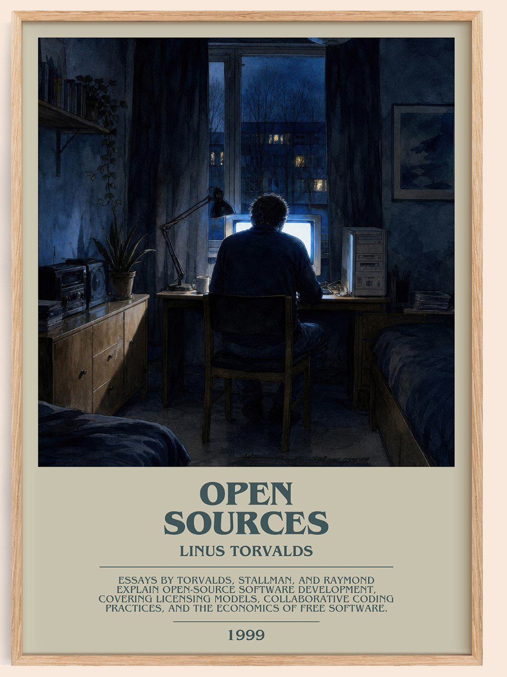 Open sources bookish book poster by Linus Torvalds – framed literary art print
