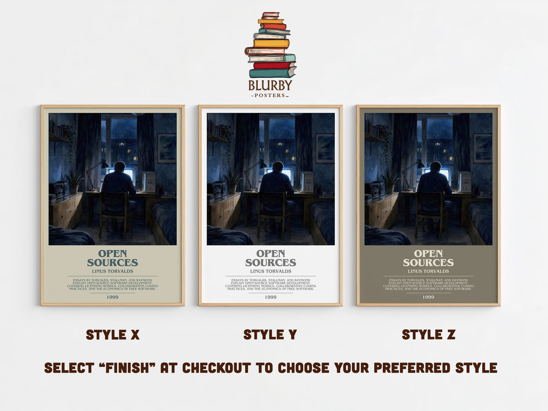 Open sources bookish print in frame leaning in hallway – non fiction wall art (mockup)