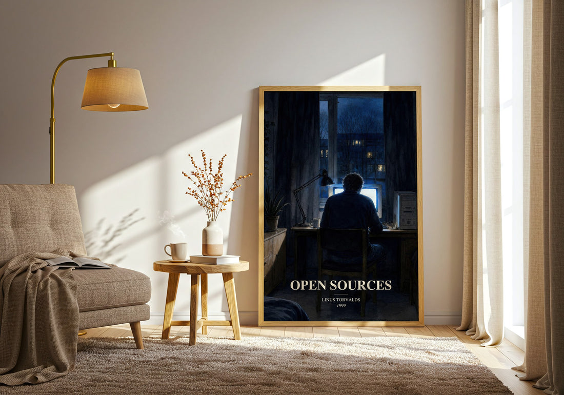 Open sources watercolour print in frame leaning in hallway – non fiction wall art
