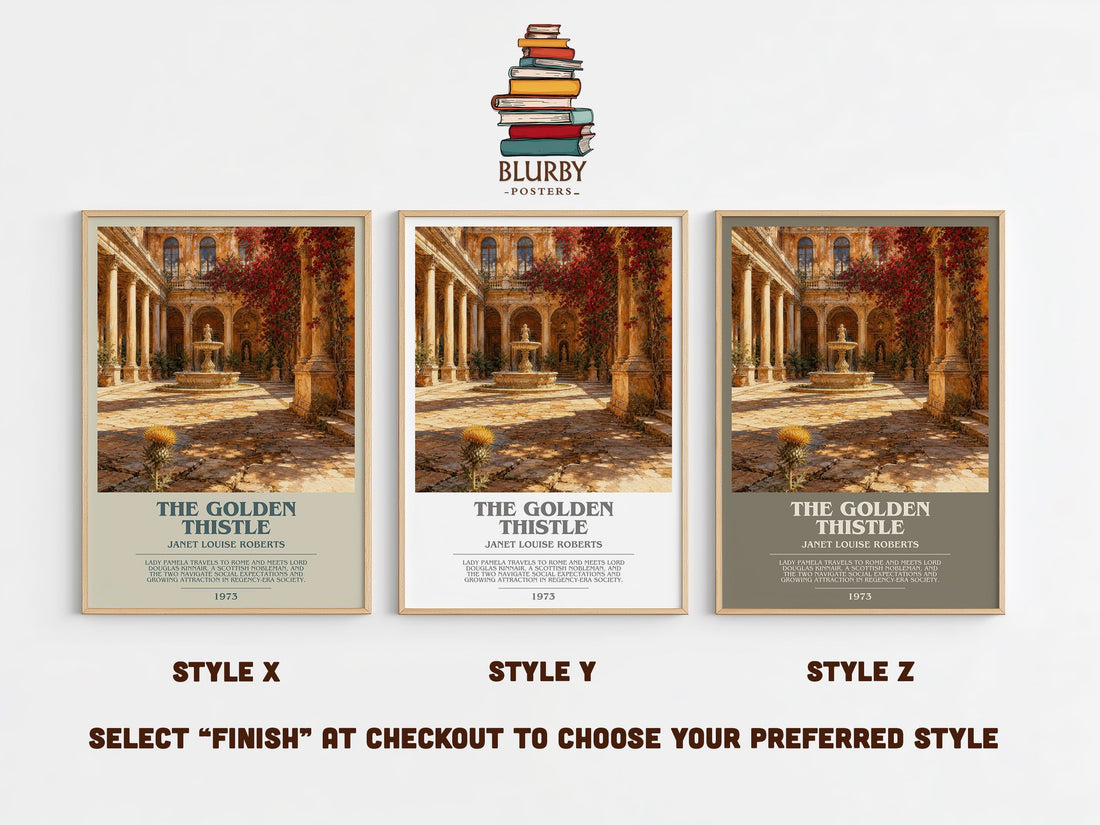 The Golden Thistle bookish print in frame leaning in hallway – romance wall art (mockup)