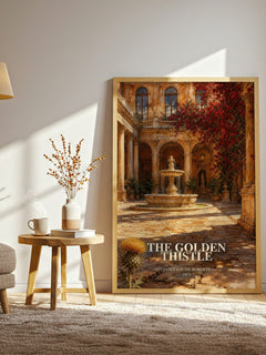 The Golden Thistle watercolour print in frame leaning in hallway – romance wall art