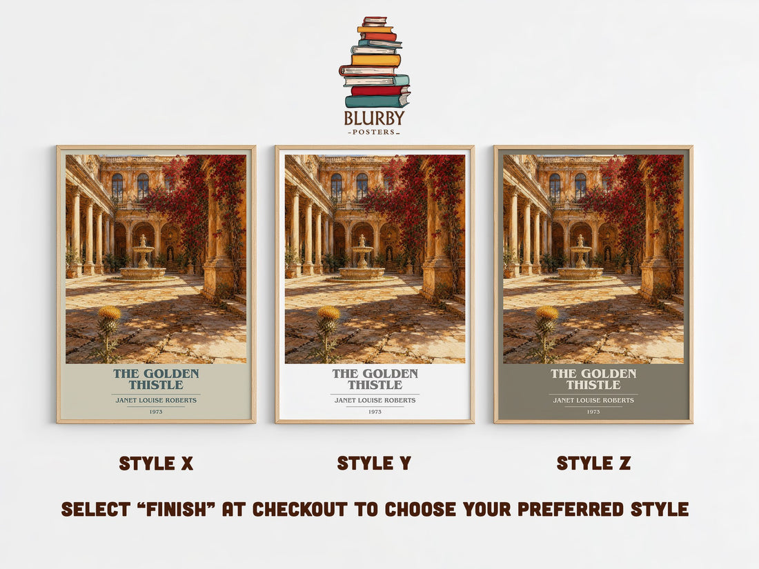 The Golden Thistle book cover print in frame leaning in hallway – romance wall art (mockup)