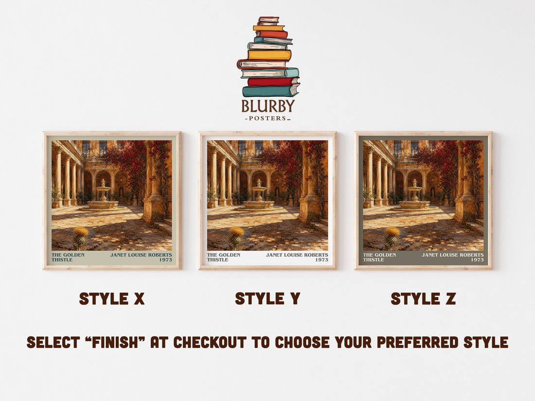 The Golden Thistle literary print in frame leaning in hallway – romance wall art (mockup)