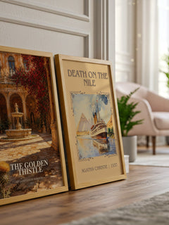 The Golden Thistle watercolour print framed by window – literary home decor