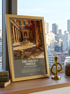 The Golden Thistle bookish print framed by window – literary home decor