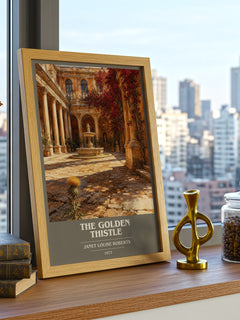 The Golden Thistle book cover print framed by window – literary home decor