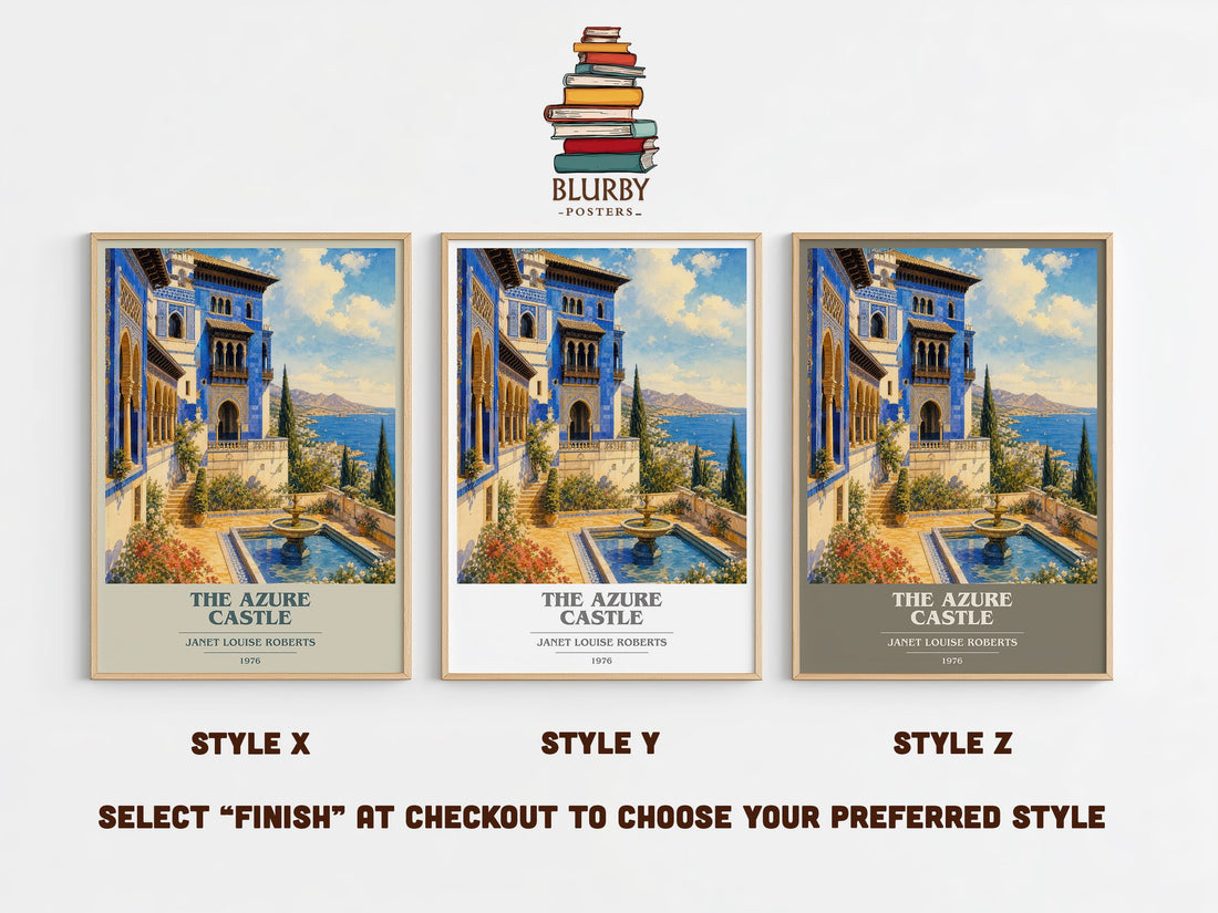 The Azure Castle book cover print in frame leaning in hallway – romance wall art (mockup)