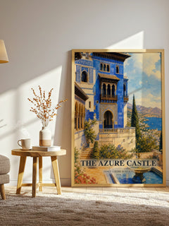 The Azure Castle watercolour print in frame leaning in hallway – romance wall art