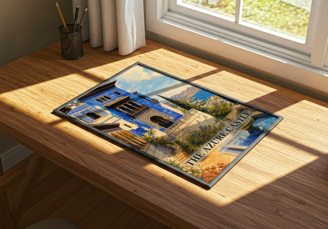 The Azure Castle watercolour book poster framed on wall – romance wall art