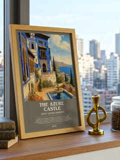 The Azure Castle bookish print framed by window – literary home decor