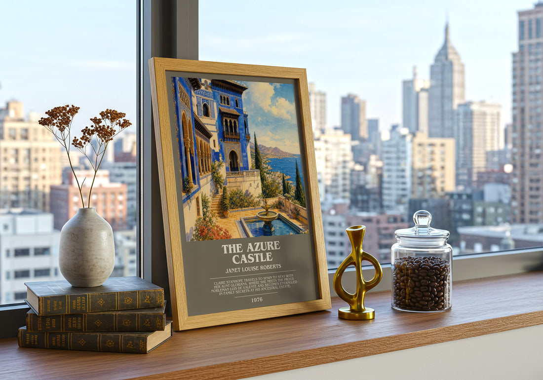 The Azure Castle bookish print framed by window – literary home decor
